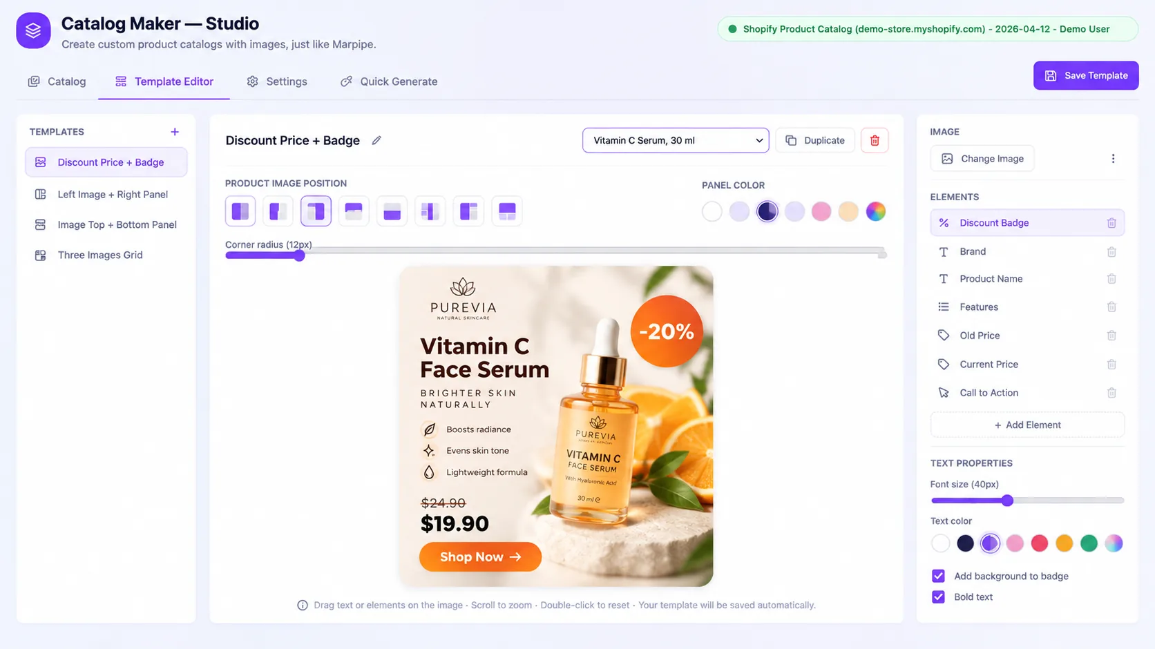 Catalog Maker template editor with a square product design